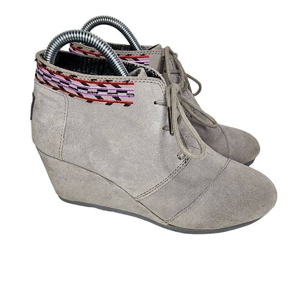 Toms Women Shoes, Grey Suede Aztec Print Ankle Booties Wedges, Sz W7